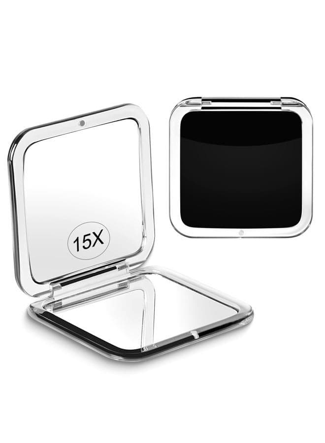 Compact 15X Magnifying Makeup Mirror for Travel, Small Pocket Mirror-Handheld, Foldable & Portable 2-Sided with 15X Magnifying and 1X Mirror for Purses - Square 3.3 x 3.3 inch (Black)