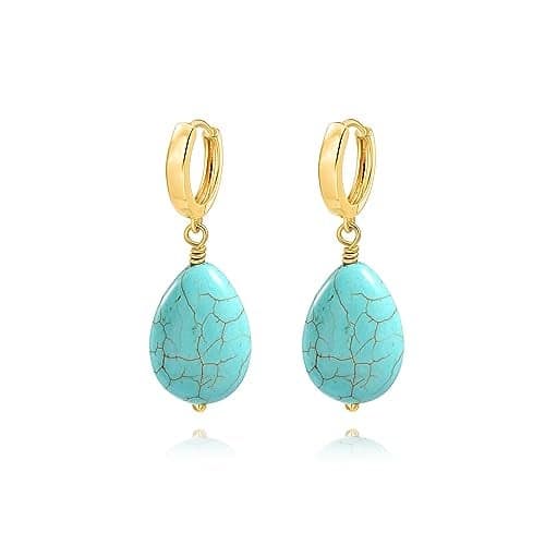 PEARLADA Boho Turquoise Teardrop Dangle Earrings, 18k Gold Huggie Hoop Earrings with Charms, Trendy Turquoise Jewelry for Women