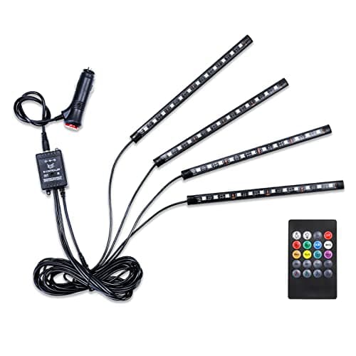 LivTee Car Led Interior Lights,4pcs 48 LED Multicolor Music Car Interior Accessories Under Dash Lighting Waterproof Kit with Sound Active Function and Wireless Remote Control, Car Charger Included
