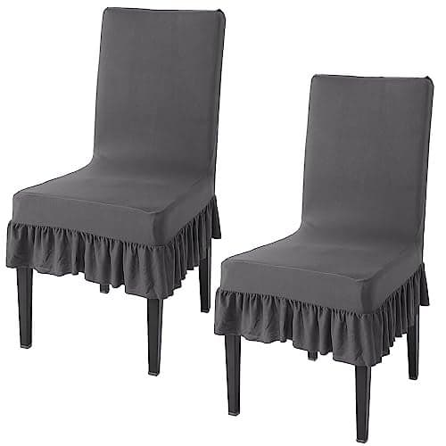 HOKIPO Chair Cover Set of 2 with Frill, Fossil Grey (AR-4793-D9*2)