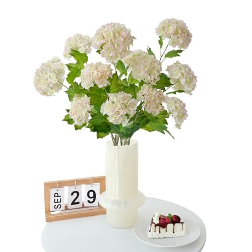 JINWOE Boho Flowers Light Pink & Green Faux Flowers for Decoration,4Pcs Real Touch Artificial Snowball Viburnum,Long Stem Latex Lifelike Floral for Spring Bouquet Home Wedding Table Centerpiece