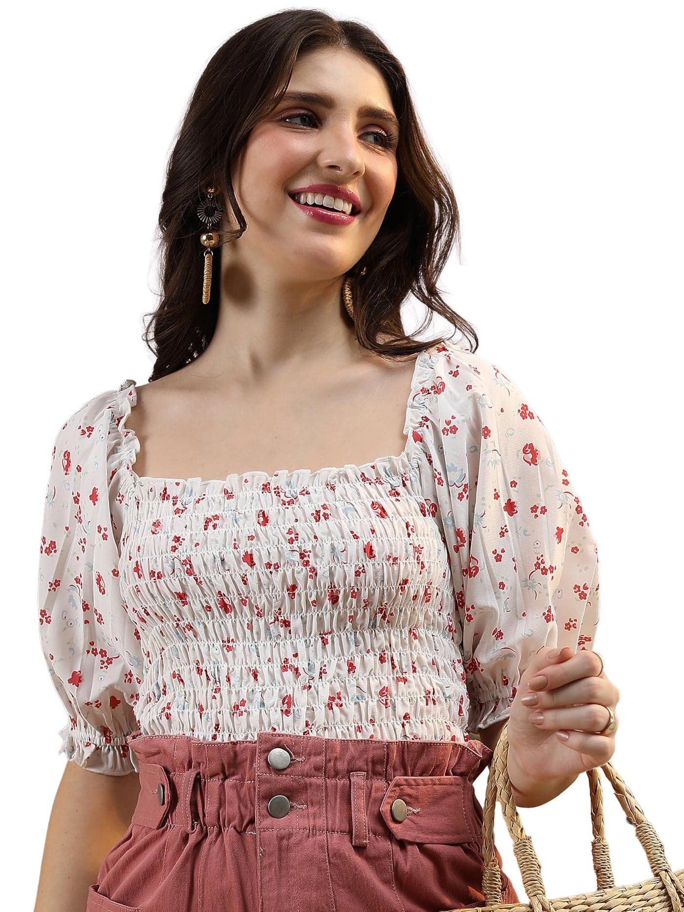 Tokyo Talkies Floral Printed Smocked Regular Top