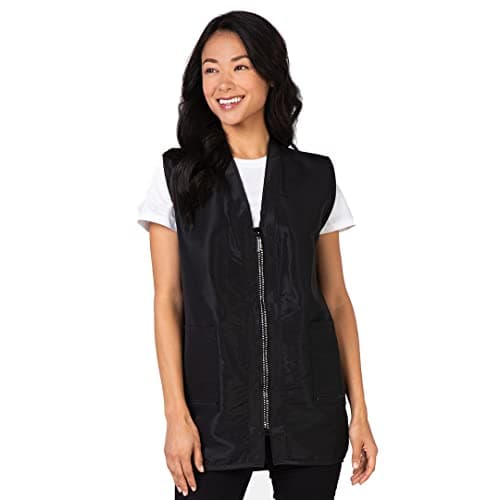 Betty Dain Glitz Rhinestone Zipper Salon Stylist Vest, Rhinestone Closure and Iridescent Fabric, V-Neckline, Adjustable Belt, Pockets with Zippered Bottoms, Water Resistant Lightweight, Black, S