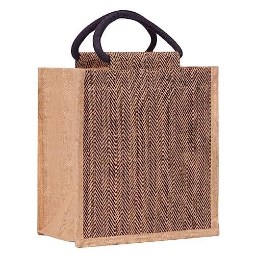 Jute Cottage Eco-Friendly Lunch Tote Bag for Men | Black Printed Jute Tiffin Bag with Zip | Handcrafted Sustainable Carry Bag for Office, Travel, Daily Use