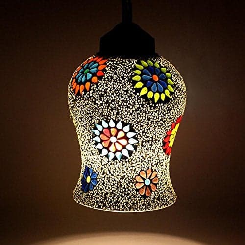earthenmetal Handcrafted Temple Bell Shaped Mosaic Crystal Decorated Glass Hanging Light