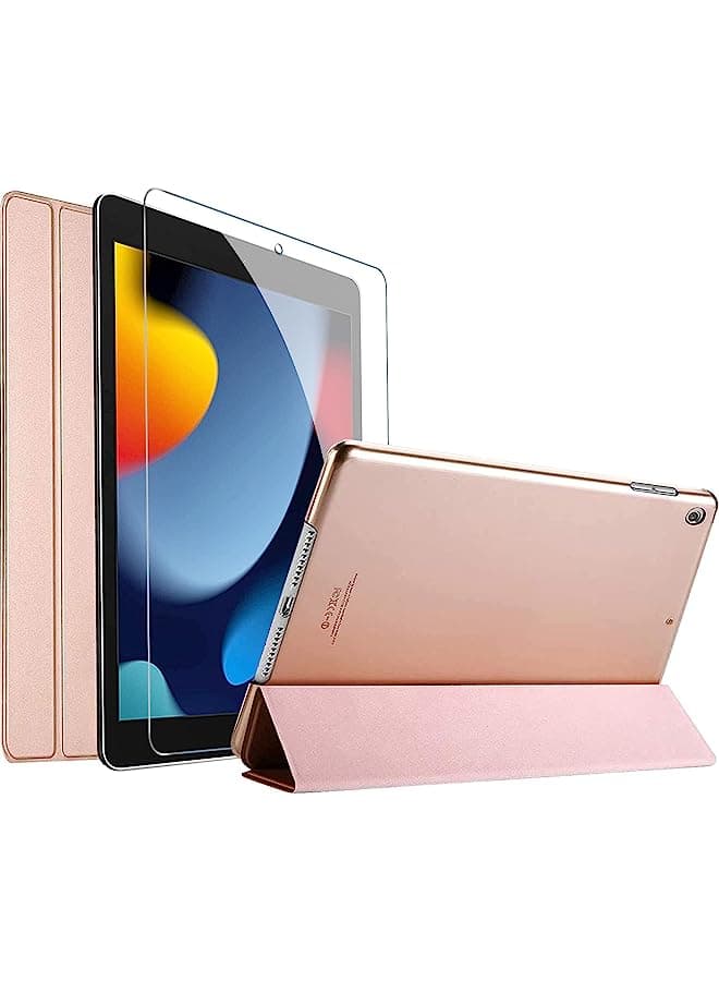 Ipad 10.2 Case 2021 9Th Gen/ 2020 8Th Gen/ 2019 7Th Gen Case With Tempered Glass Screen Protector, Slim Stand Hard Shell Protective Smart Cover For 10.2” Ipad 9Th/8Th/7Th Generation -Rosegold