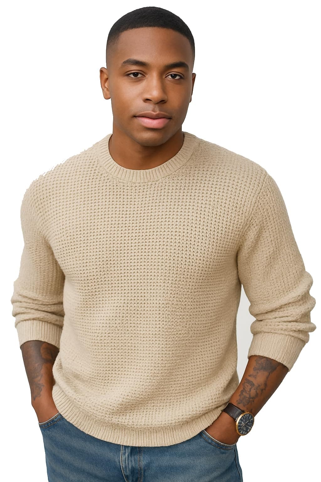 HIFZAA Mens Crewneck Pullover Sweater Waffle Textured Long Sleeve Knitted Sweaters Off White