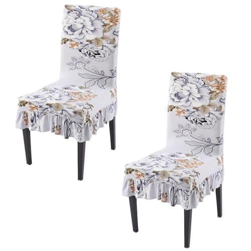 HOKIPO Stretchable Frill Chair Cover Set of 2, Gentle Grey Dahlia (NEW-AR-5133-D5*2)
