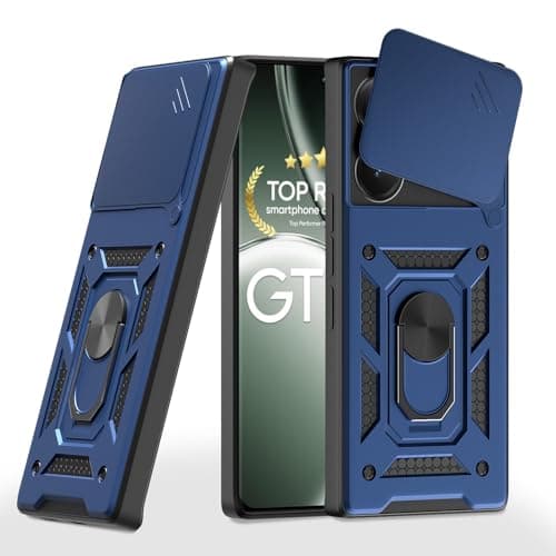Pikkme Back Cover for Realme GT 6T 5G / GT Neo 6 SE 5G | Sliding Camera Shield with Ring Stand | D10 Full Camera Protection Bumper Case (Blue)