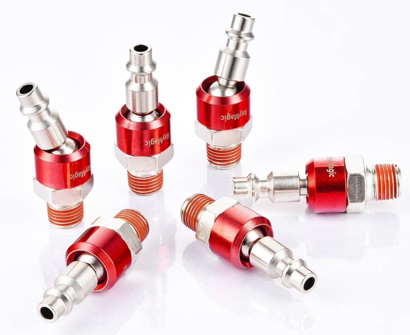 RayMagic IndustrialGrade 14 Swivel Air Plug 6Pack 360 Swivel Steel Red Electrophoresis Plug 14Inch NPT Male PreCoated 18Threads Air Hose FittingsRed
