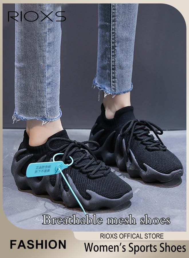 Low Top Sneakers for Women, Fashion Women's Sports Shoes, Breathable Flyknit Mesh Athletic Shoes, Ladies Casual Athletic Shoes, Comfort Athlesiure Shoes for Women, Lightweight Anti-slip Tennis Shoes for Running Walking Jogging, Comfy Footwear for Indoor Outdoor Activities, Black Trainers