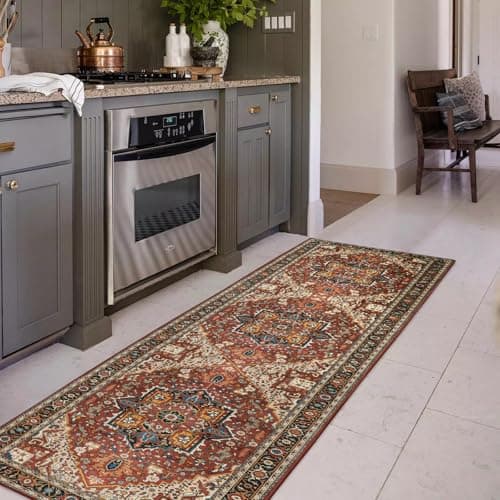 Moynesa Ultra-Thin Washable Runner Rug - 2'6"x8 Non-Slip Kitchen Runner, Non-Shedding Stain Resistance Low Pile Bedroom Mat Indoor Accent Carpet Runner for Bathroom Hallway, Brown/Multi