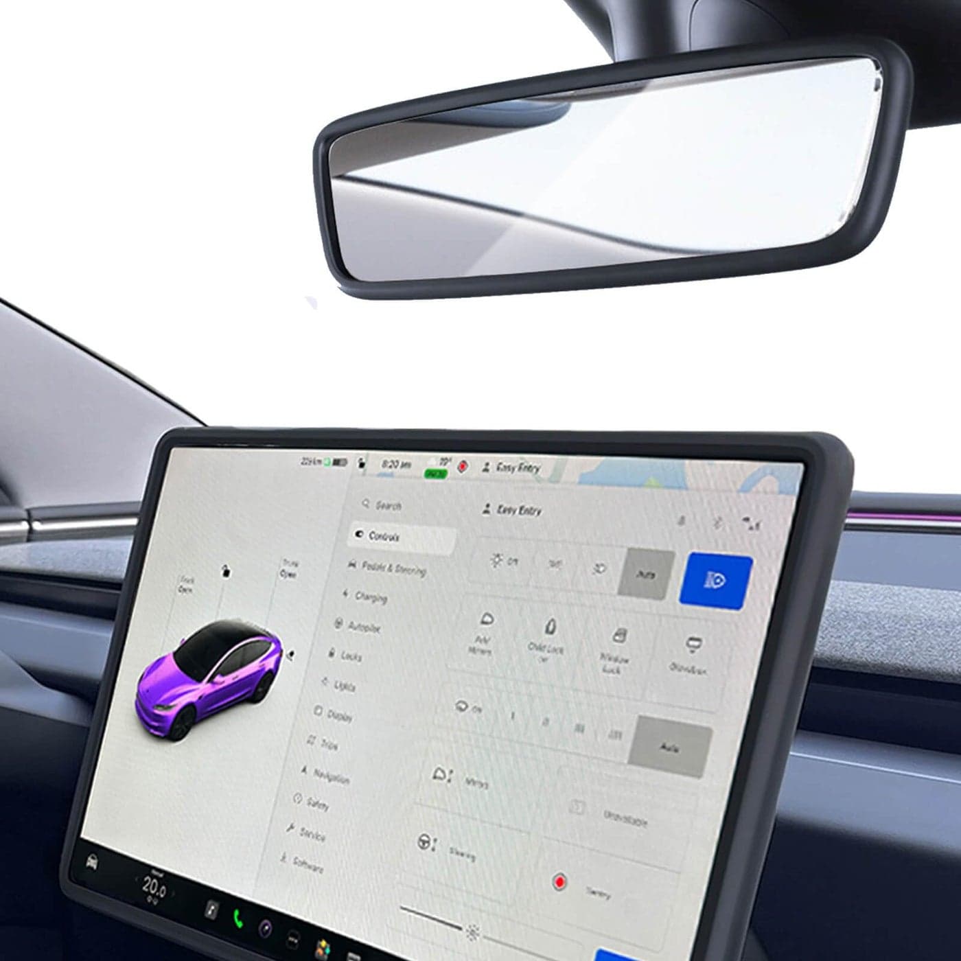 Yeapop 2Pcs Silicone Protector Frames of Screen and Rear View Mirror for Tesla Model 3 2024 Highland and Model Y 2025 Juniper Black