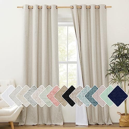 NICETOWN Natural Linen 100% Blackout Curtains 120 inches Length 2 Panels Set with Thermal Insulated Liners, 52" Width, Farmhouse Style Extra Long Window Draperies for Patio Sliding Glass Door
