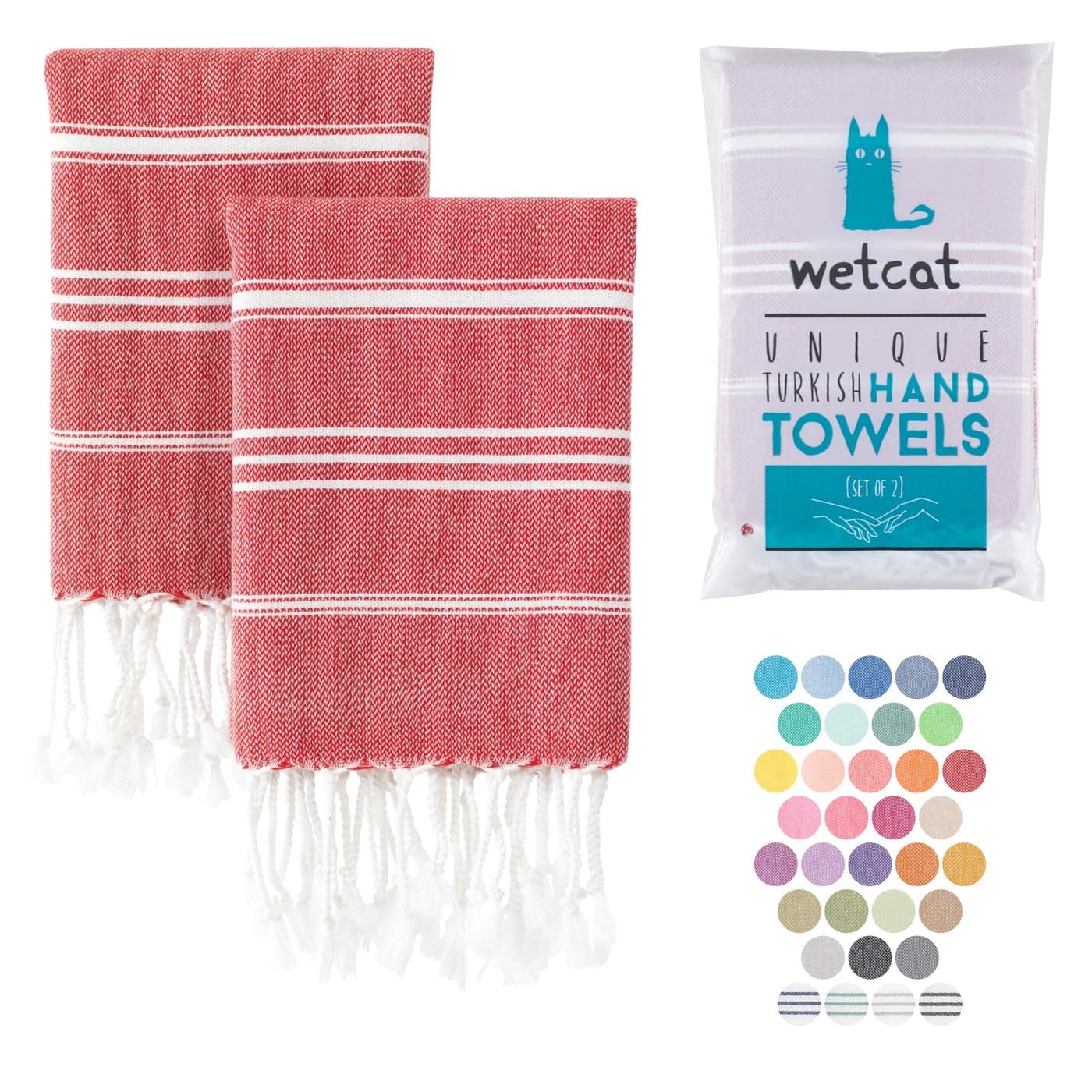 WETCAT Turkish Hand Towels with Hanging Loop Set of 2 20 x 30 100 Turkish Cotton PreWashed Quick Drying for Kitchen or Bathroom Red