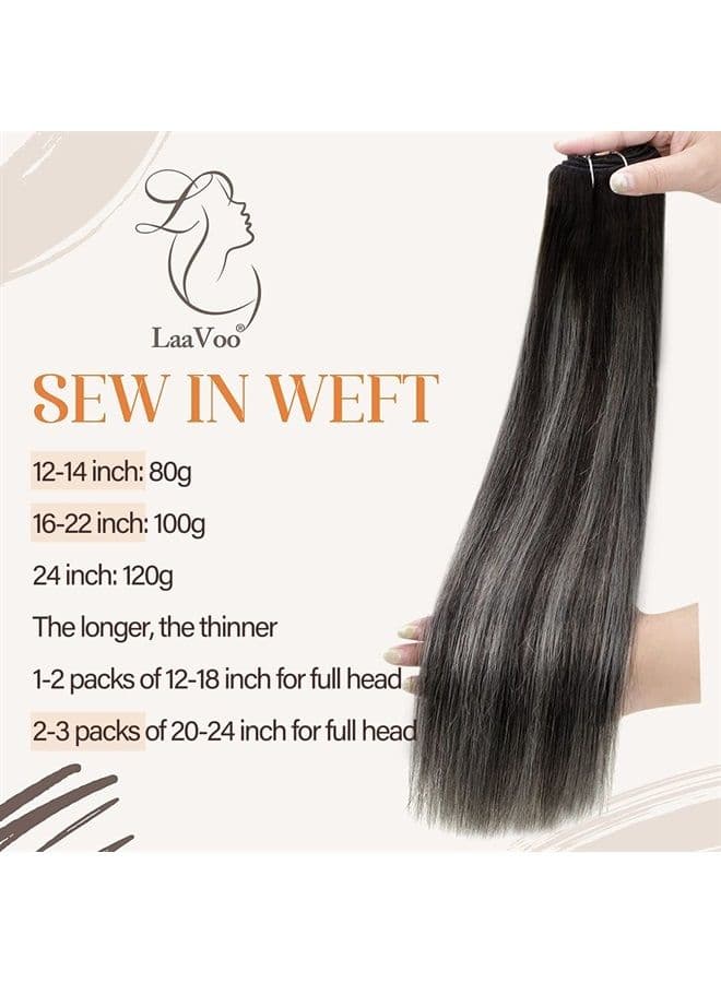 LaaVoo Human Hair Extensions Weft Sew in Black Ombre Silver Real Hair Extensions Sew In Weft Human Hair Extensions for Women 20 Inch 100G