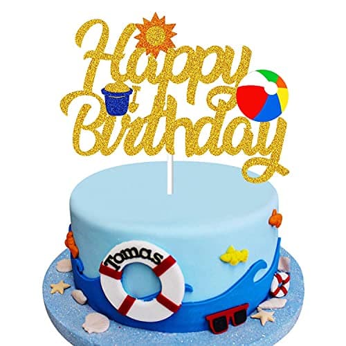 Festiko® Beach Ball Happy Birthday Cake Topper - Pool Party Centerpiece Decoration - Summer Party Supplies