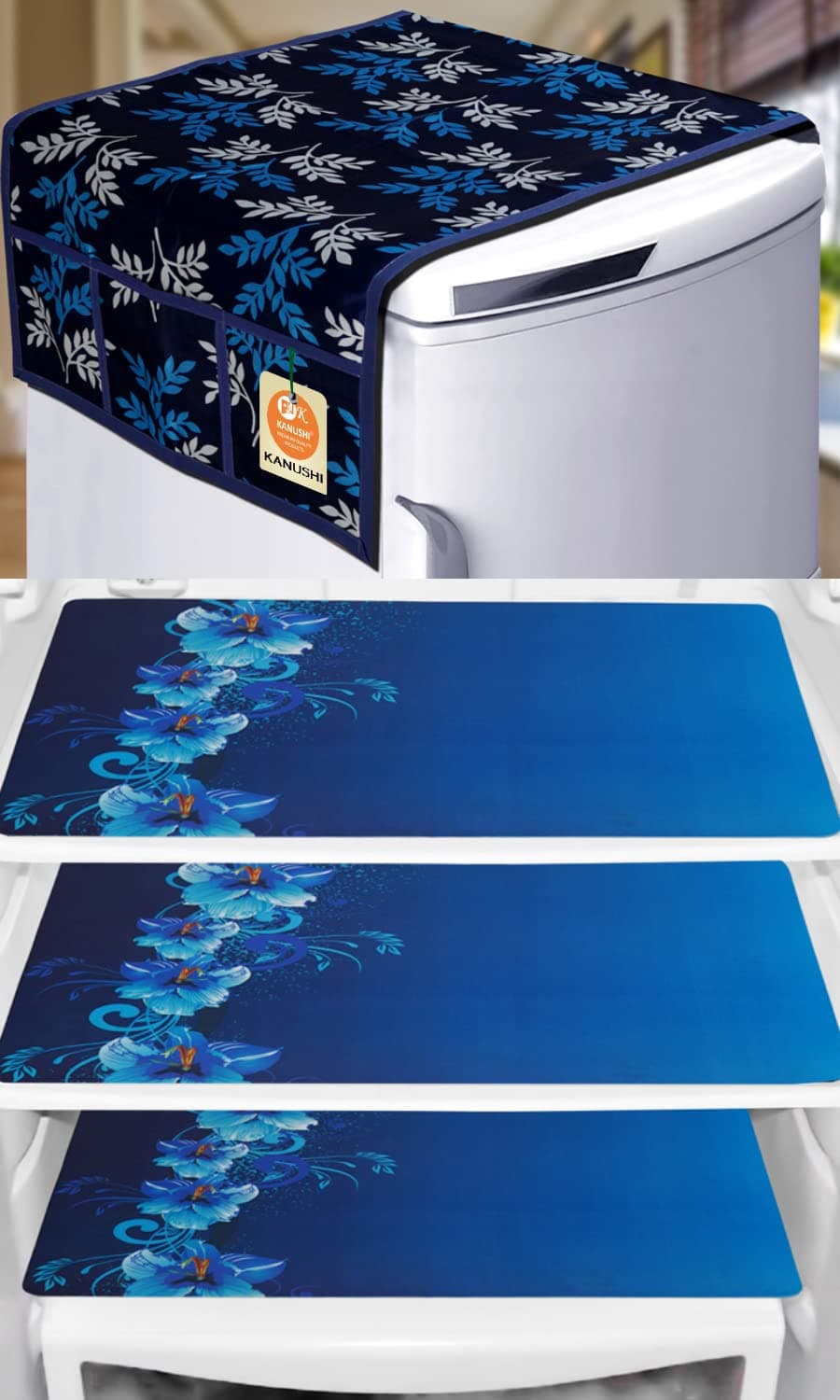 KANUSHI Industries® 1 Pc Fridge Cover for Top with 6 Utility Pockets (Blue Color)+ 3 Fridge Mats (FRI-SMALL-LEAVES-BLUE-01-M-8)