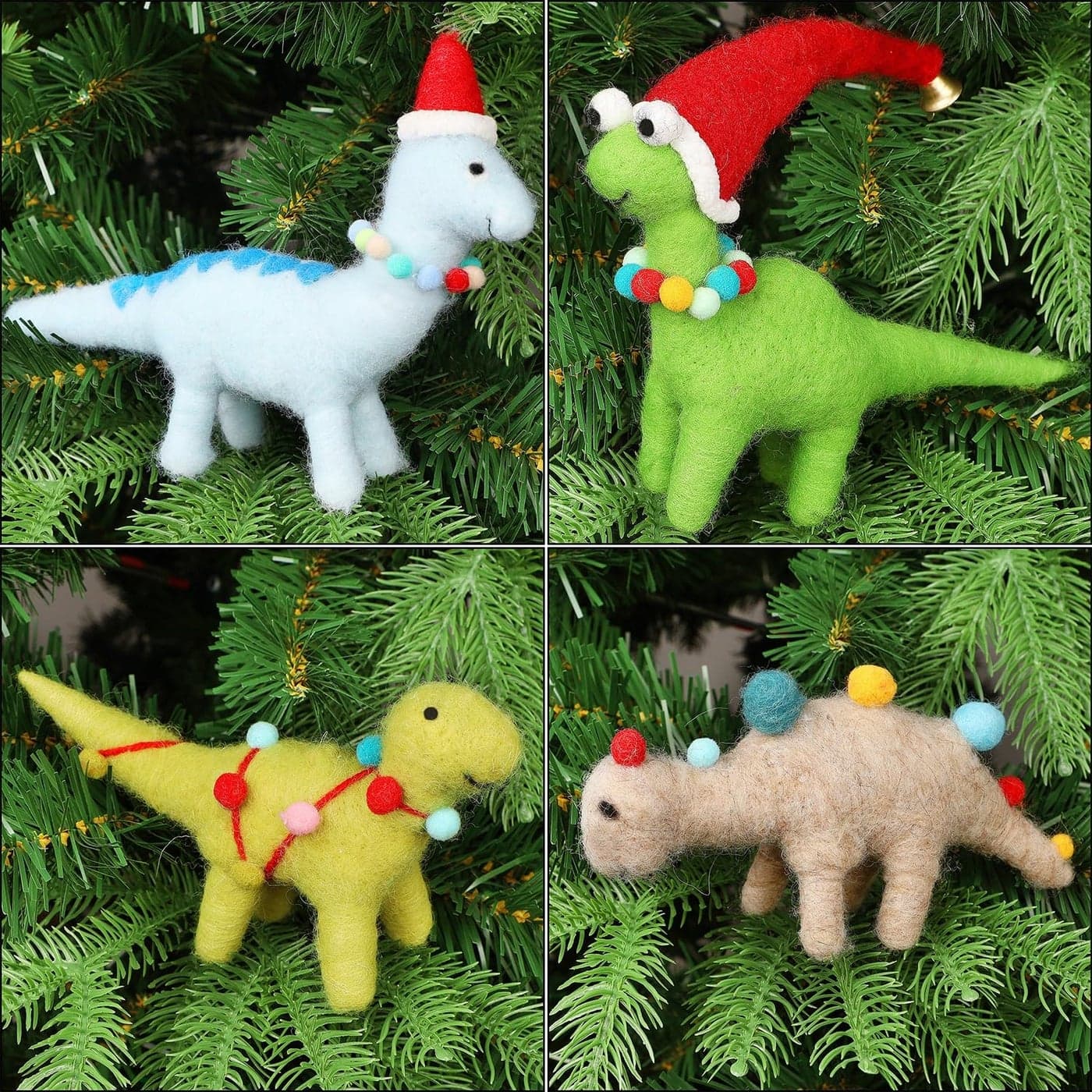 Juegoal Christmas Felt Dinosaur Ornaments Set of 4 Xmas Wool Hanging Decor Animal Crafts Woodland Cute Tree Wreath Decor for Home Themed Birthday Party Supplies