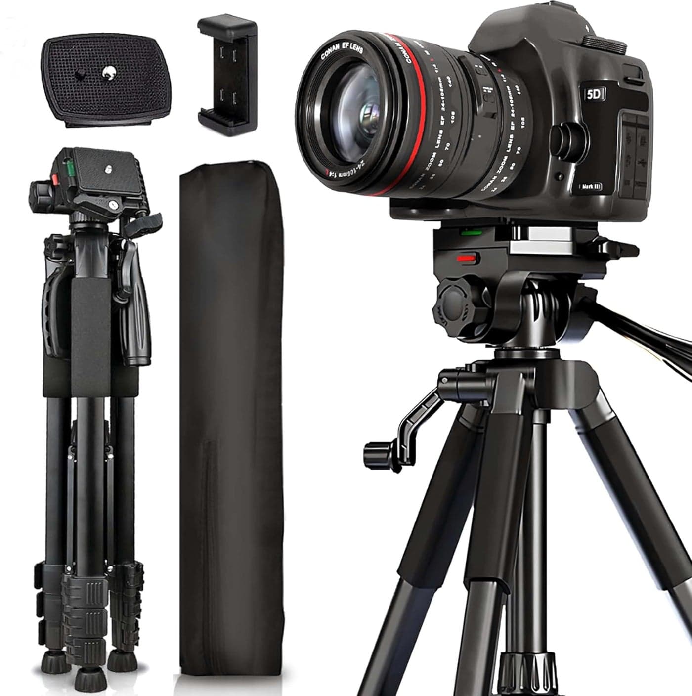 Adofys 76” Professional Aluminium Camera Tripod with Travel Bag and Phone Holder |Operating Height: 76 inch | Maximum Load Capacity up to 10kg | Compatible with All Cameras, Cell Phones, Projector