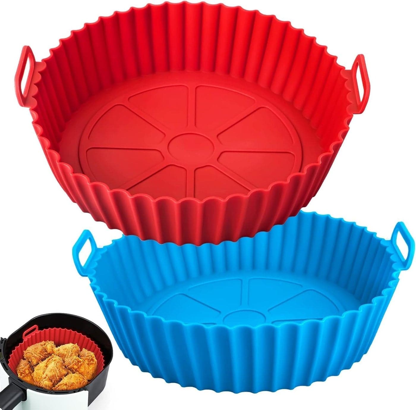HAPYSA Air Fryer LinersRound Silicone Basket Baking Tray 8 Inch Reusable Baking Tray Oven AccessoriesAir Fryer Basket Bowl with Ear HandlesEasy to Clean Multicolor 4