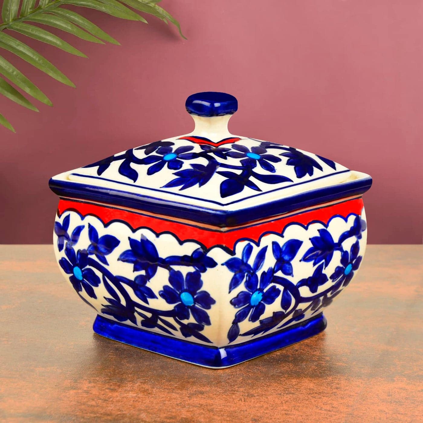 StyleMyWay Hand Painted Ceramic Serving Donga with Lid 1200 ml Blue Mughal Painting Casserole Dinner Serving Bowl with Lid