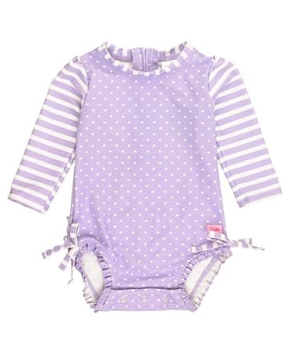 RuffleButts Baby Girls UPF 50 Sun Protection Polka Dot Long Sleeve One Piece Rash Guard Swimsuit with Zipper Lavender Heart Polka 2T