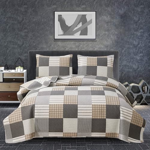 Plaid Quilt Set King Size Bedspread - Patchwork Bedding for Boys and Men - Brown White Lightweight Reversible Coverlet - Soft Microfibers All Season