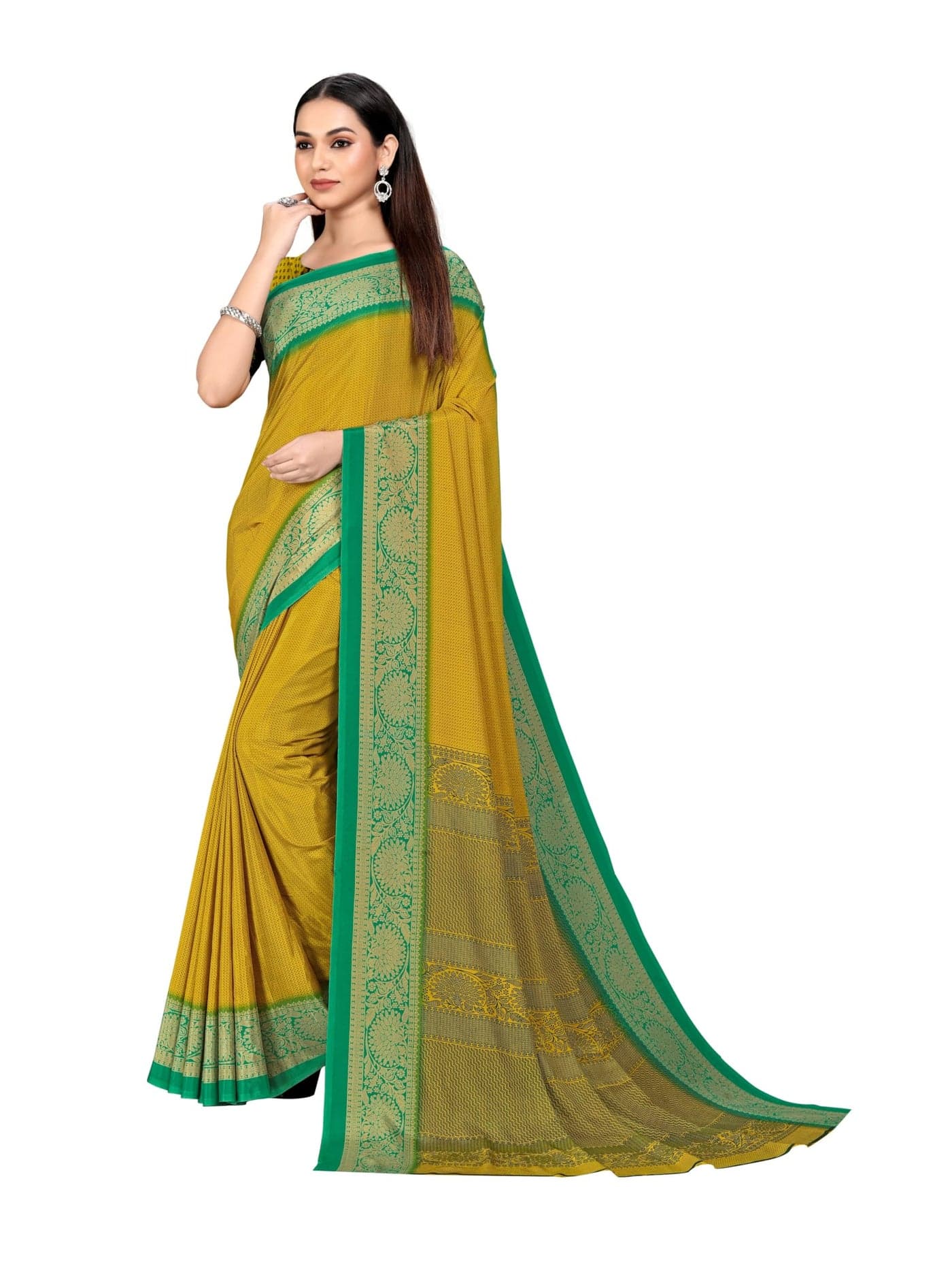 UNIFORM UNICORN Women's Musturd Crepe Silk Uniform Saree with Blouse (5226_PM)