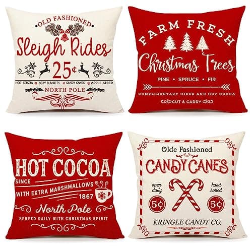 Farmhouse Christmas Pillow Covers 16x16 Set of 4 Winter Holiday Decorations Xmas Red White Rustic Throw Cushion Case for Sofa Couch Home Decor Sleigh Rides Farm Fresh Tree Cocoa Candy Canes