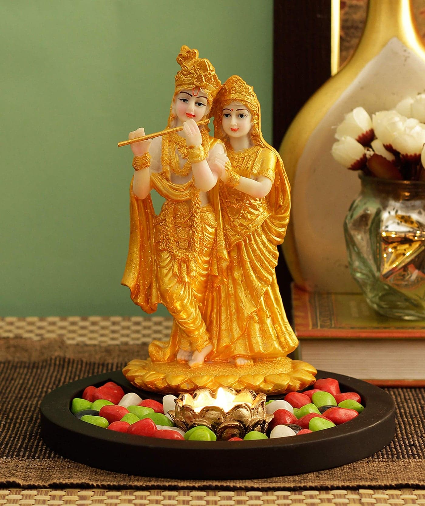 TIED RIBBONS Gold Plated Radha Krishna Statue Idol Showpiece with Diya Stones and Tray Decoration Items for Home Décor Living Room Pooja Room Bedroom Office Gifts for Family and Friends
