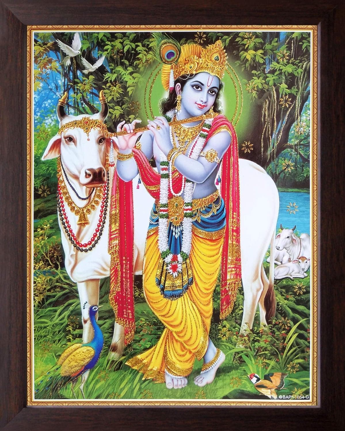 Art n Store Shree Krishna playing flute Glitter Work Printed Religious Decor Picture Painting with Frame 30 X 235 X 10 cm_ Brown Wood