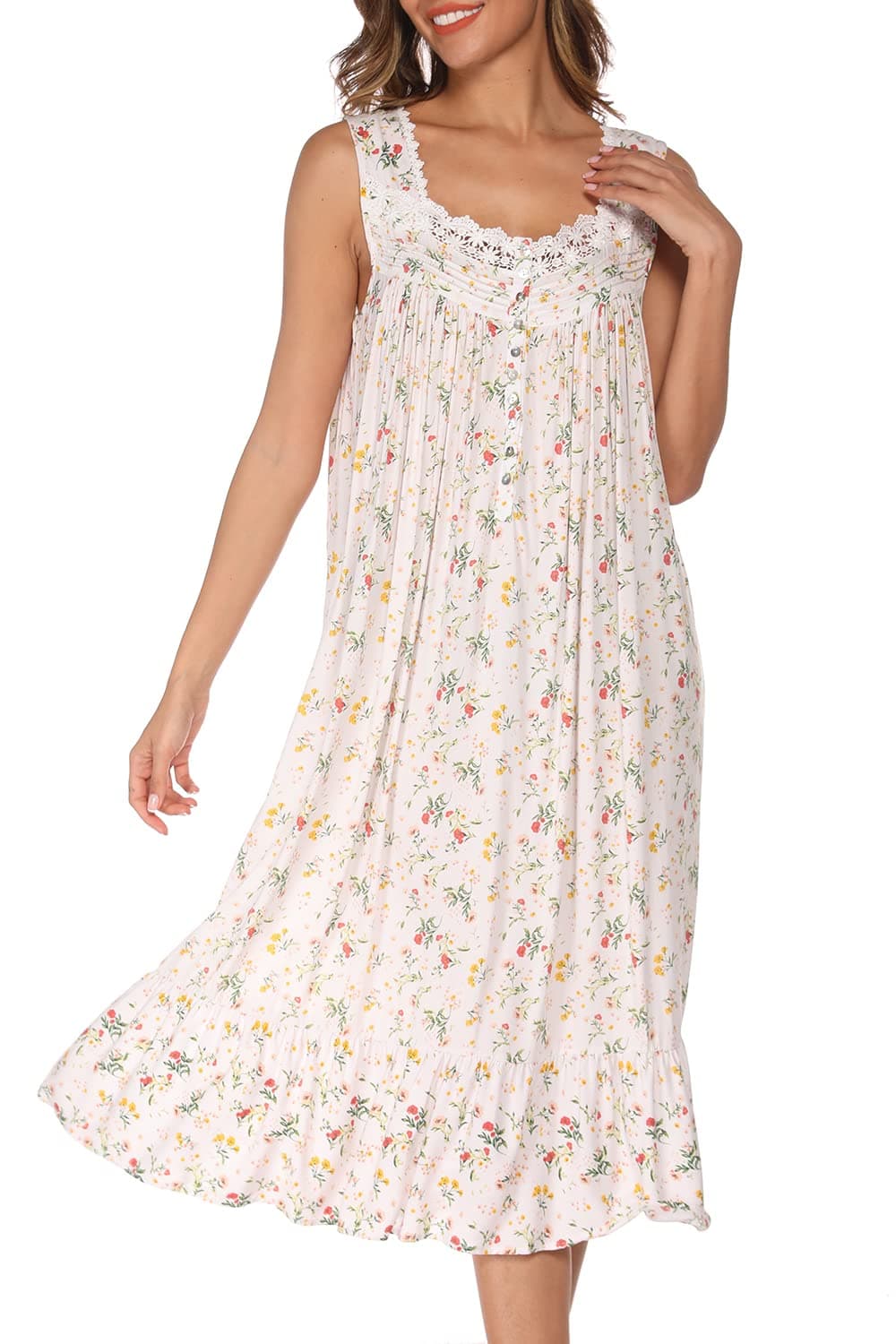 AVIIER Cotton Nightgowns for Women Sleeveless House Dress Ladies Long Nightdress with Pockets (White flowers, Medium)…