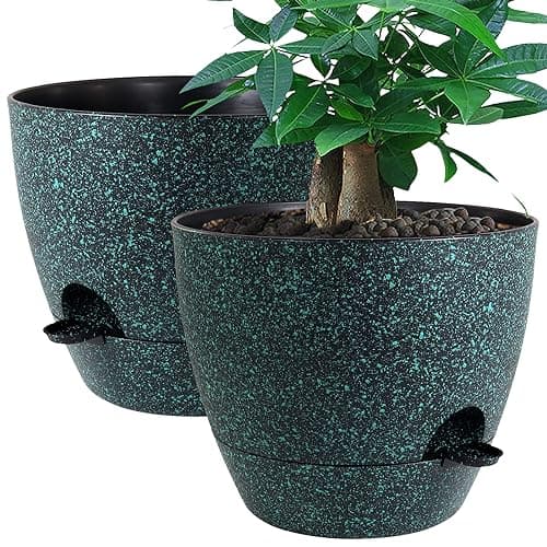 12inch 2Pack Large Self Watering Planters, Plastic Plant Pots with 60oZ Removable Deep Reservoir and Multi Mesh Drainage Holes for Indoor Outdoor Garden Plants and Flowers, Black with Green Speckles