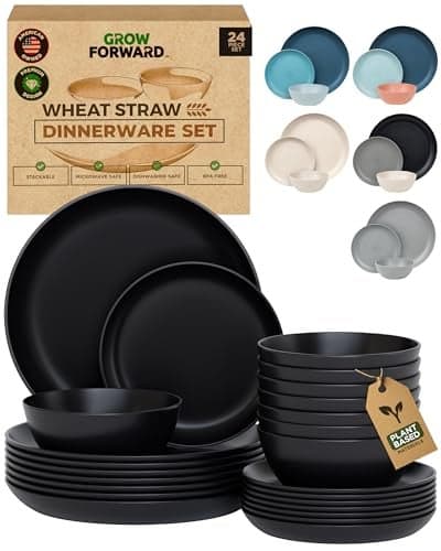 Grow Forward 24-piece Premium Wheat Straw Dinnerware Sets for 8 - Unbreakable Dishwasher & Microwave Safe Plastic Plates and Bowls Sets - Patio, Outdoors, RV, Camping Dishes - Midnight