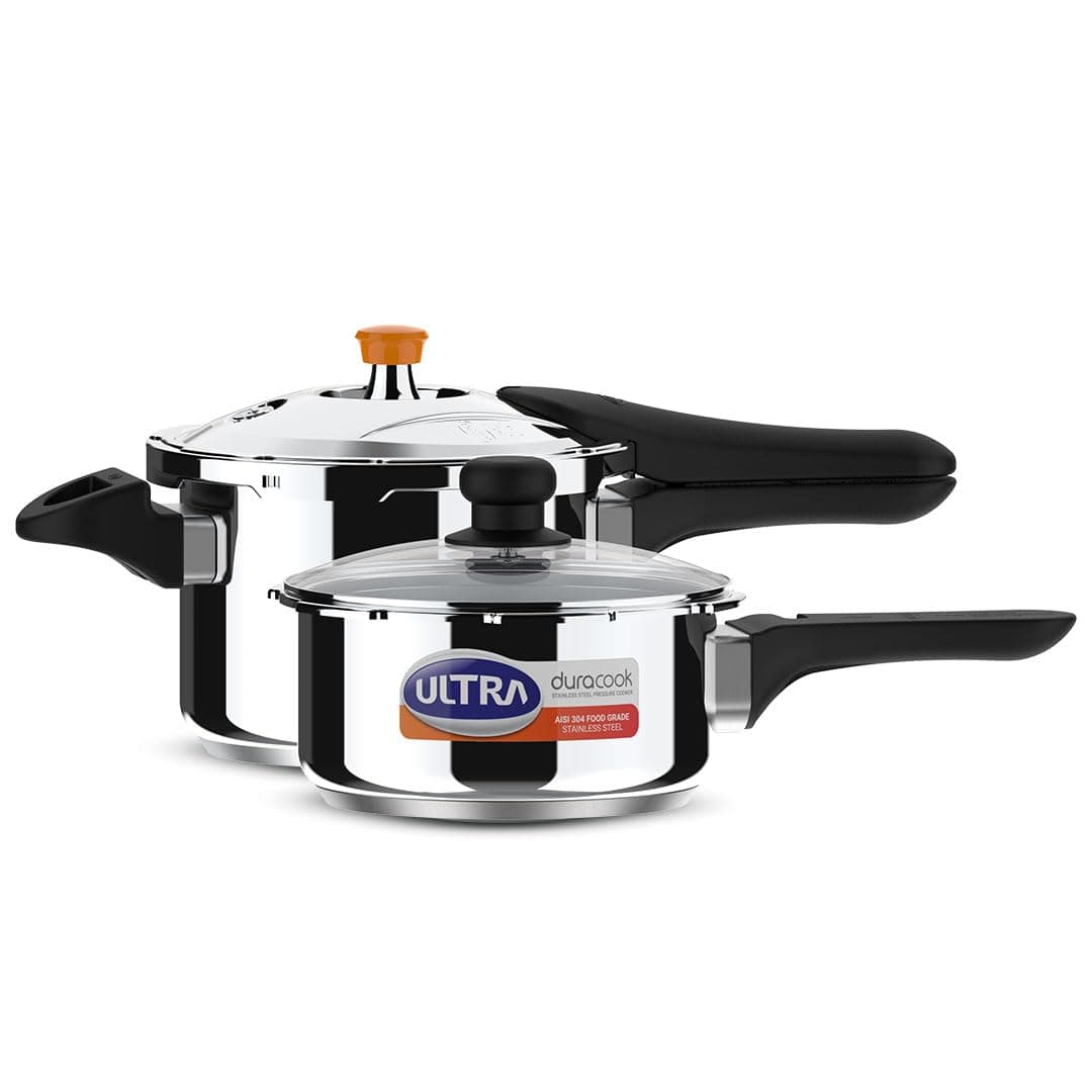 Ultra Duracook Mini Celebrations pack of 2L 3L Pressure cookerGiftingSS304 FoodGradeInterchangeable LidsFrothcollectorInduction3 Layer Composite Basesolid Bakelite handlesISI10Y Warranty