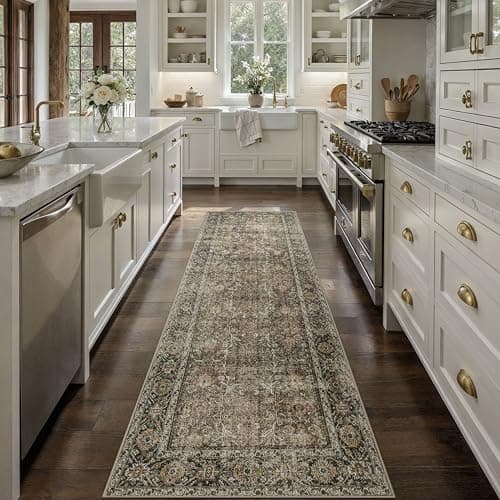 PureCozy Brown Runner Rug 2x8 Vintage Area Carpet Hallway Long Indoor Kitchen Washable Living Room Low Pile Traditional Distressed Retro Accent Throw Rug Non Slip Laundry Bathroom Office Dining Room