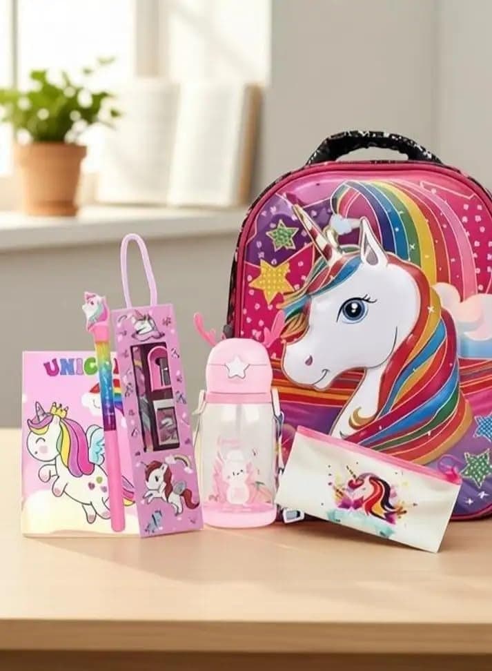 Urban Festivities Unicorn Stationery Combo Unicorn Bag with Fur Pouch, Water Bottle, Pencil Set, 2 Gel Pen, Diary School Bag for Nursery, Lkg, Ukg & Prep Class Gifts Set Pack of 7 (Multicolor)