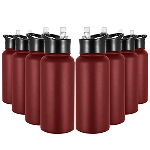 VQRRCKI 32 oz Insulated Water Bottle Bulk 8 Pack, Stainless Steel Sports Water Bottles with Straw Lid & Wide Mouth Lids, Double Walled Vacuum, Leak Proof, Red