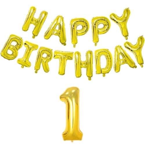 Flyloons 1st Golden Colour Happy Birthday Foil Balloon Banner Set For 1 Year Old Boys Girls Baby | With Number One | 13 Letters Reusable Happy Birthday Metallic Foil Balloons Decoration Kit, 14 Pcs