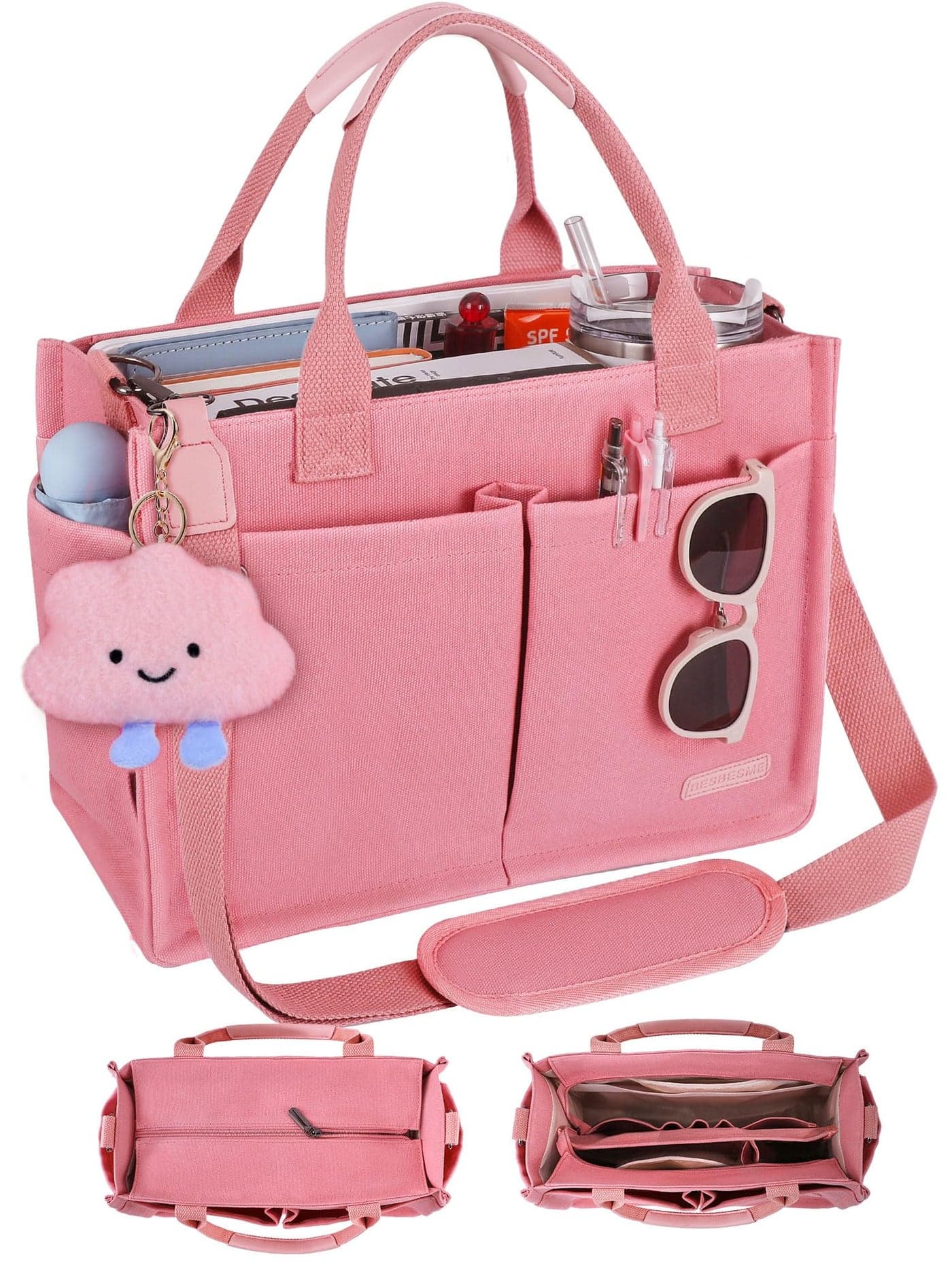BESBESME Canvas Tote Bag for Women with Zipper & Compartments- Multi-Pocket Work & College Crossbody Shoulder Bag, Detachable Strap, Laptop Purse for Teachers, Nurses, Travel, Bible Study, Pink L