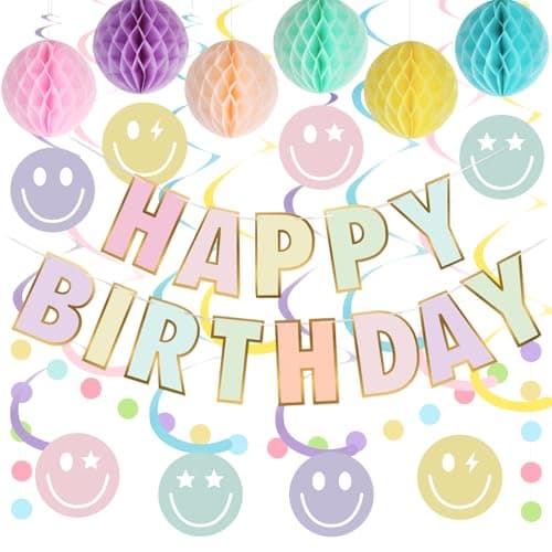 YEOCU Birthday Decorations NO DIY PreStrung Happy Birthday Banner with Honeycomb Balls Hanging Swirls Circle Dots Garland Happy Birthday Party Decorations for Women Men Boys Girls Pastel