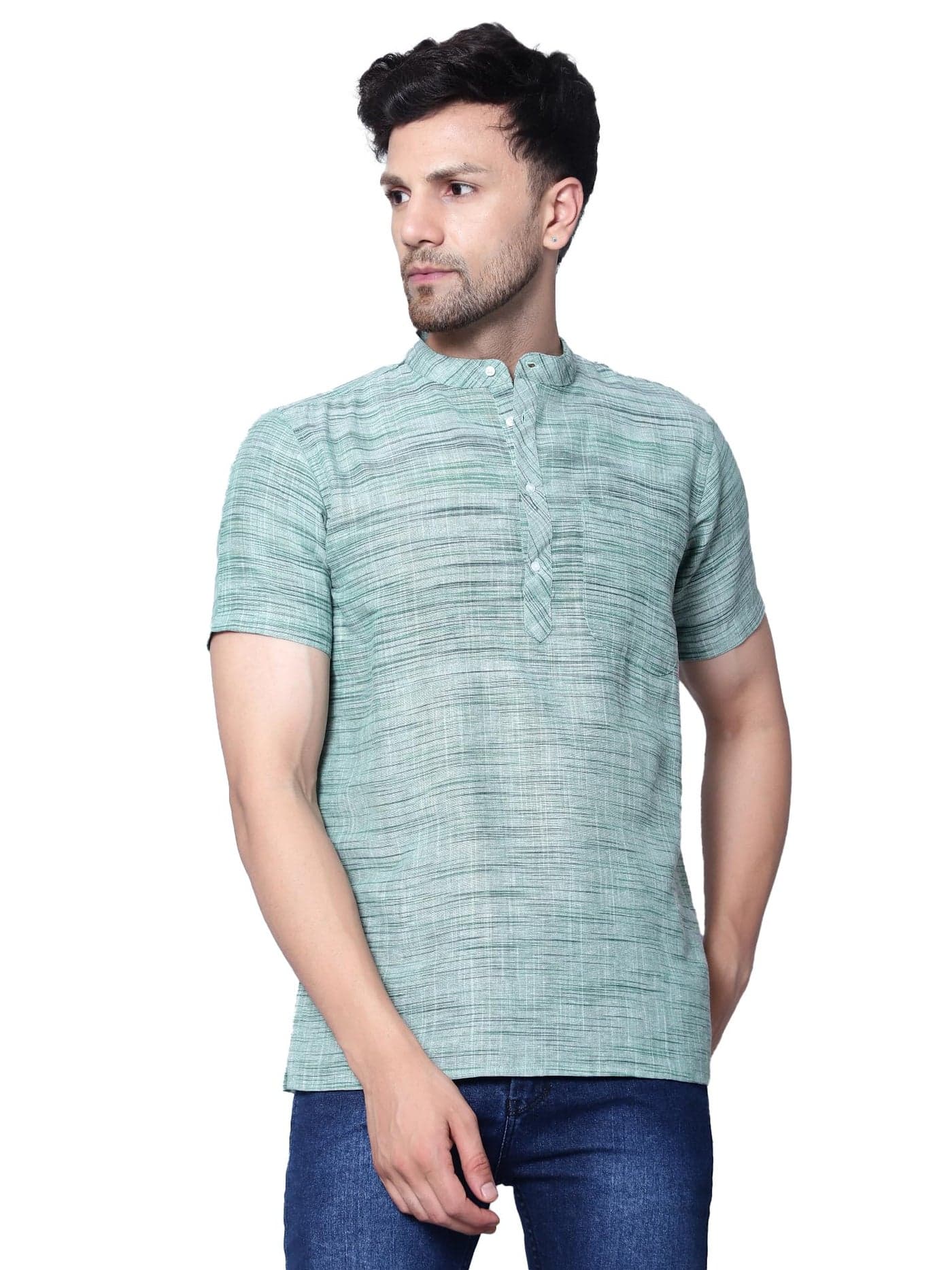 LATEST CHIKAN Men's Cotton Blend Regular Textured Short Kurta -SK-NK-OLV-42 Olive