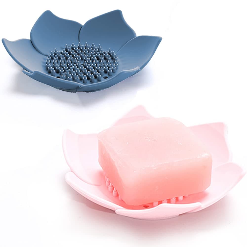 Soap Dishes with Draining Bathroom Bar Soap Holder for Shower Soap Tray for Kitchen Sink Silicone Flower Shape Soap Saver for Counter Bathtub Extend Soap Life Easy Dry 2 Pack Pink Blue