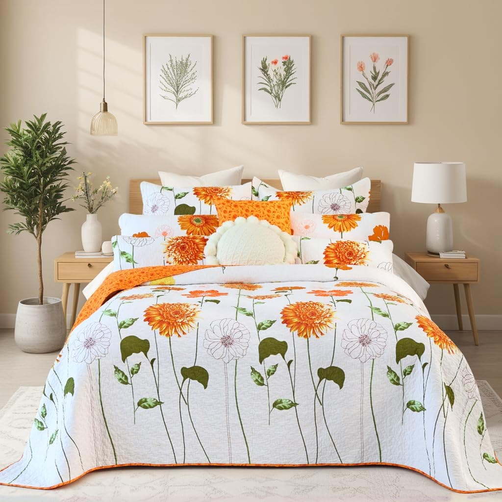 EVENHUG 100% Cotton Quilt Queen Size Orange Sunflower Bedding Set Floral Lightweight Quilt Reversible Coverlet Bedspread with 2 Pillow Shams All Seasons 3 Pieces (92"x96")