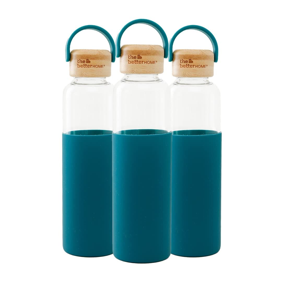 The Better Home Borosilicate Glass Water Bottle with Sleeve 500ml Non Slip Silicon Sleeve Bamboo Lid Fridge Water Bottles for Men Women Kids Water Bottles for Fridge Aqua Pack of 3