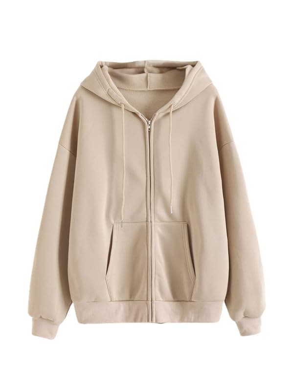 Imsa Moda Women’s Polycotton Fleece Plain Full-Zip Hooded Winter Sweatshirt | Kangaroo Pocket | Casual Warm Outerwear Beige