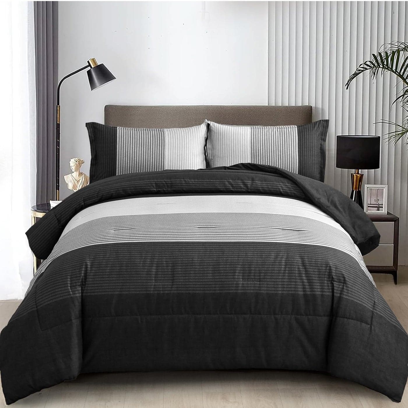 WONGS BEDDING Black Comforter Set Queen Reversible Black Grey Stripe Down Alternative Comforter for All Season3 Pieces1 Patchwork Comforter2 Pillowcases Soft Microfiber Bedding Set 9090