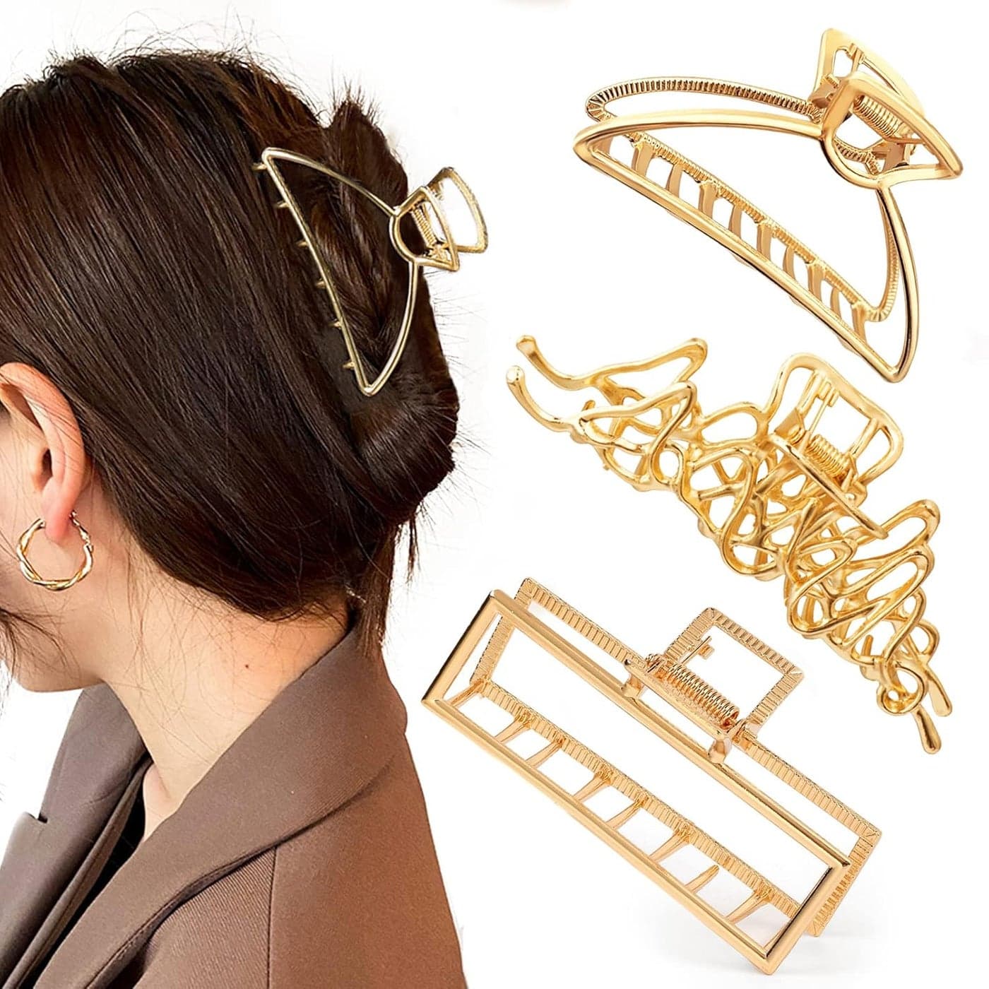 Mehayi 3 PCS Large Gold Metal Hair Claw Clips for Women Girls Cute Alloy Big Hair Clamps Strong Hold for Thick Thin Hair Fashion Hair Accessories Headwear Styling Tools for Party Wedding