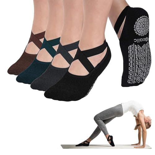 Yoga Socks for Women Non-Slip Grips & Straps, Ideal for Pilates, Pure Barre, Ballet, Dance, Barefoot Workout (4 Pairs-Coffee/Green/Black/Gray, one_size)